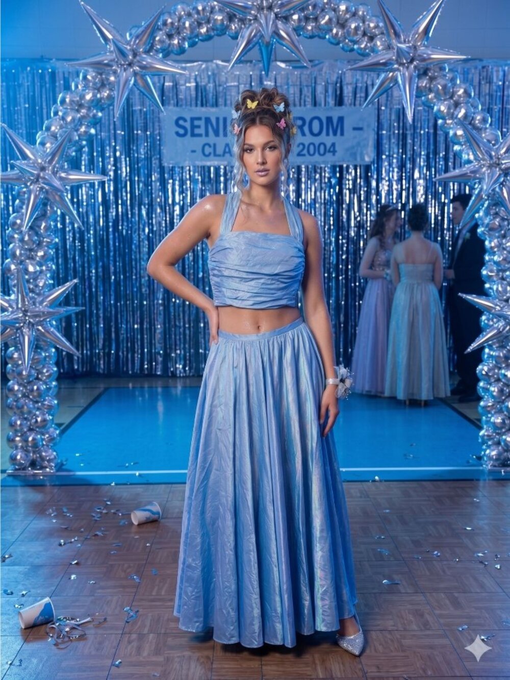 Vintage De-Laru Blue 2 Piece Formal Set Y2K Prom Gown Ruched Halter Top Skirt 3/